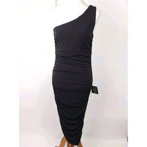 NEW Lulus Total Appeal Black Ruched One Shoulder Bodycon Midi Dress Size M
